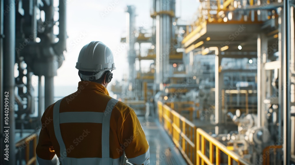 A worker in an oil and gas facility, wearing safety gear like a hard hat and a high visibility safety coverall with reflective stripes A worker in an oil and gas facility, wearing safety gear like a hard hat and a high visibility safety coverall with reflective stripes