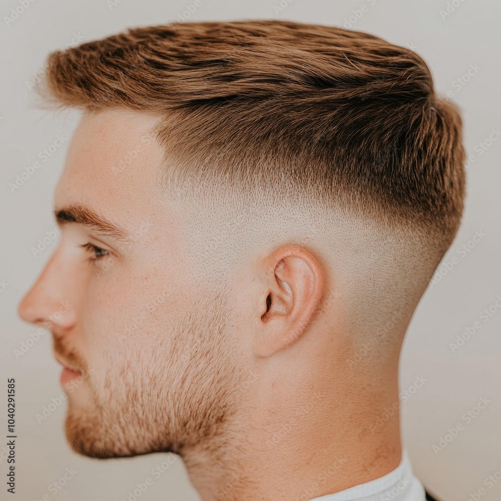 A profile view of a man showcasing a stylish haircut with a fade. A profile view of a man showcasing a stylish haircut with a fade.