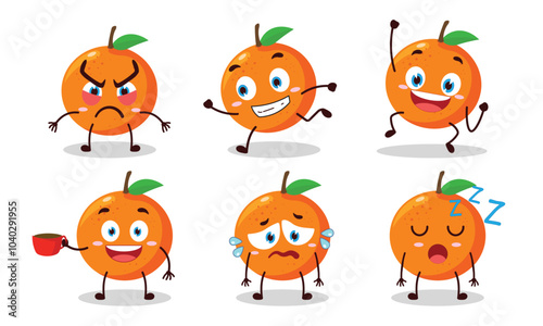 funny orange cartoon character with various pose activity design illustration