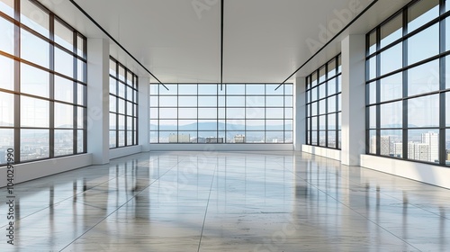 Empty office space with a minimalist design and large windows
