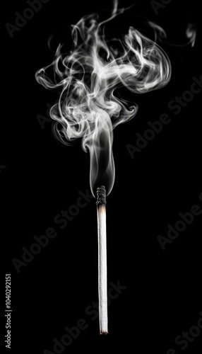 A burnt matchstick with wispy smoke rising against a black background.