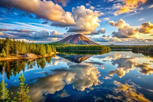 Stunning View of Girvas Volcano Caldera and Tranquil Lake in Karelia, Scenic Landscape Photography for Nature Lovers photo