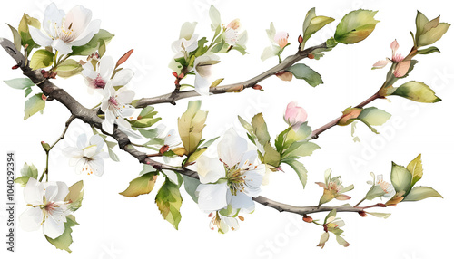 Soft watercolor spring florals featuring blooming branches and gentle leaves, isolated on white, ideal for creating elegant prints or decor designs