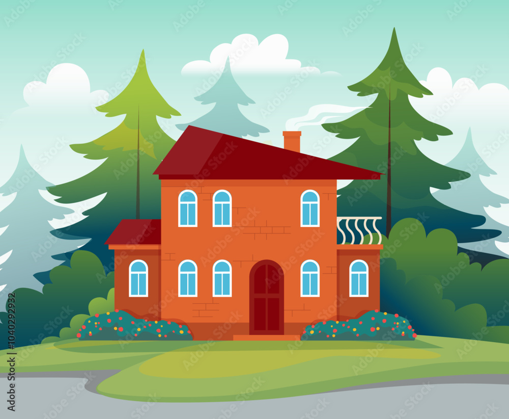 Naklejka premium Home exterior. Real estate. Suburban house. Residential building. Suburban street. House with terrace. Residence facade. Mansion in nature. Summer landscape. Vector neighborhood panorama