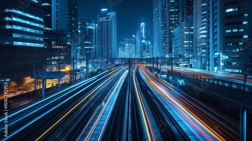 Trains rush through an urban landscape, leaving colorful streaks of light against the night backdrop of skyscrapers