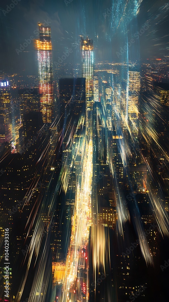 Fototapeta premium Nighttime View of a Cityscape with Brightly Lit Buildings and Blurry Light Streaks
