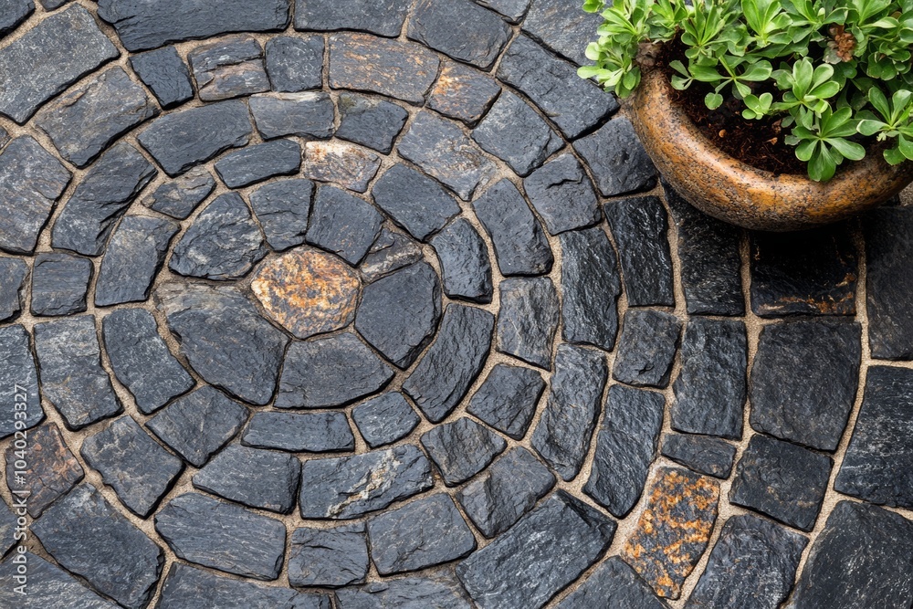 A circular pattern of dark grey stones arranged in a spiral pattern on a patio. A circular pattern of dark grey stones arranged in a spiral pattern on a patio.