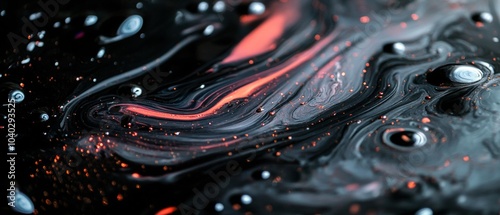 A black and orange swirl of paint with many small dots