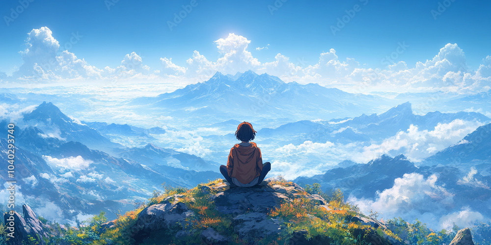 young woman sits on a mountain peak, gazing into the expansive horizon. The scene evokes feelings of freedom, contemplation, and connection to nature, symbolizing self-discovery and inner peace young woman sits on a mountain peak, gazing into the expansive horizon. The scene evokes feelings of freedom, contemplation, and connection to nature, symbolizing self-discovery and inner peace