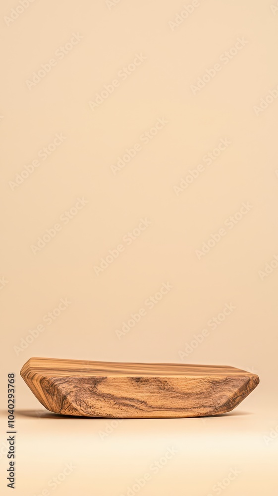 Fototapeta premium Wooden serving platter on beige background, perfect for displaying snacks or as a decorative kitchen element.