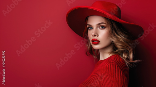 Eautiful fashion woman in a red hat posing on a red background, commercial photo, red lips.