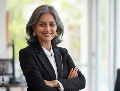 Smiling mid aged indian businesswoman posing with folded arms in office