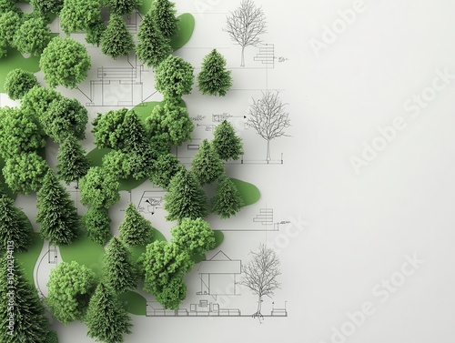 Overhead blueprint view of a forested park filled with coniferous trees, land use design, urban green spaces photo