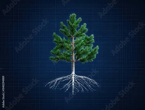 Cutaway blueprint of a pine tree showing how the tree stores water and nutrients, internal structure, biological processes photo