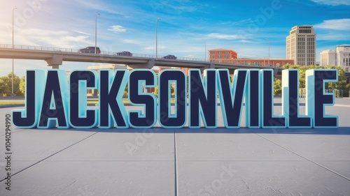 3D Jacksonville Sign Against Urban Skyline: A vibrant cityscape featuring large lettering, ideal for travel marketing or city promotion.