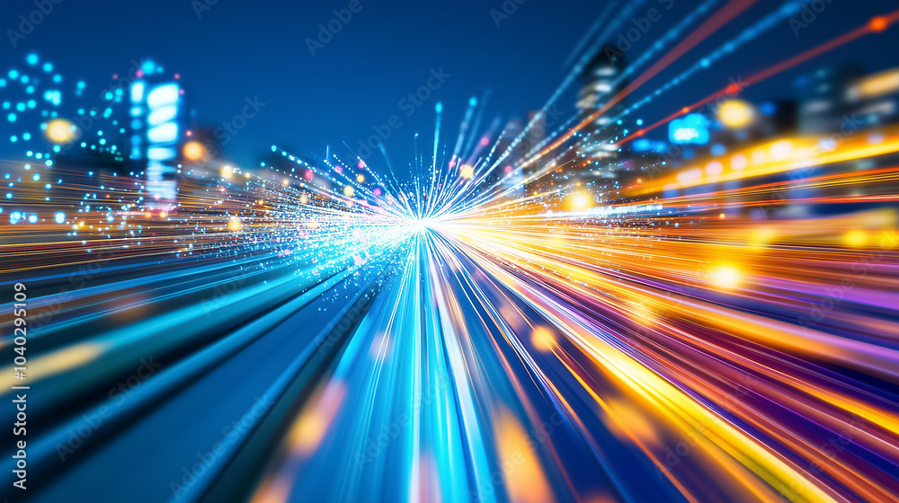 Bright light trails converge, showcasing the speed of data transfer in a bustling city at night Bright light trails converge, showcasing the speed of data transfer in a bustling city at night