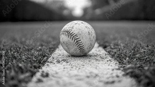 A black-and-white close-up of a worn baseball lying on the infield chalk line. The background is softly blurred, highlighting the textured surface of the ball