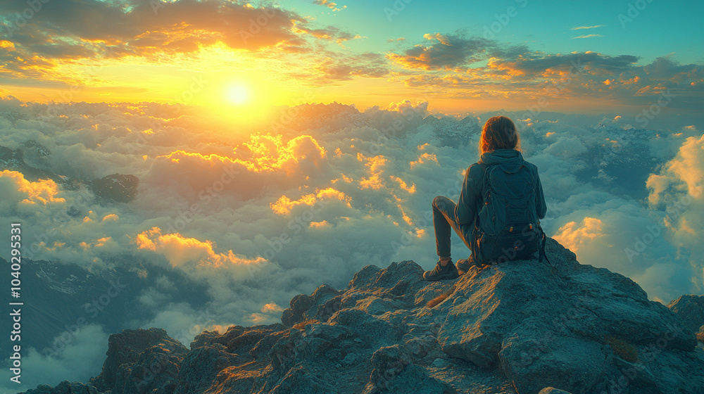 young woman sits on a mountain peak, gazing into the expansive horizon. The scene evokes feelings of freedom, contemplation, and connection to nature, symbolizing self-discovery and inner peace young woman sits on a mountain peak, gazing into the expansive horizon. The scene evokes feelings of freedom, contemplation, and connection to nature, symbolizing self-discovery and inner peace