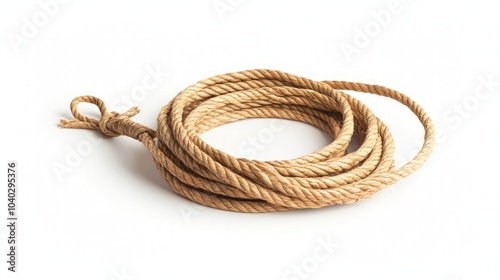 Lasso Rope Isolated on White, a sturdy lasso made of durable material, showcasing its coiled form and intricate texture, ideal for equestrian activities and ranch work. photo