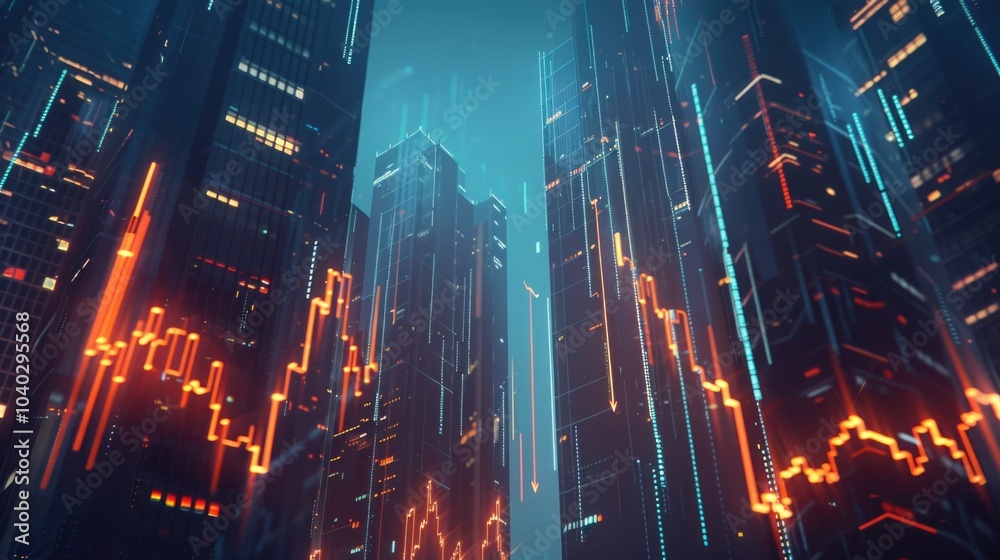 digital financial data charts overlay a cityscape at night, with glowing lines, economic trends and analytics concepts digital financial data charts overlay a cityscape at night, with glowing lines, economic trends and analytics concepts