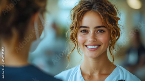 A healthcare worker smiling and holding a stethoscope, providing a warm and welcoming expression, set against a blurred hospital background