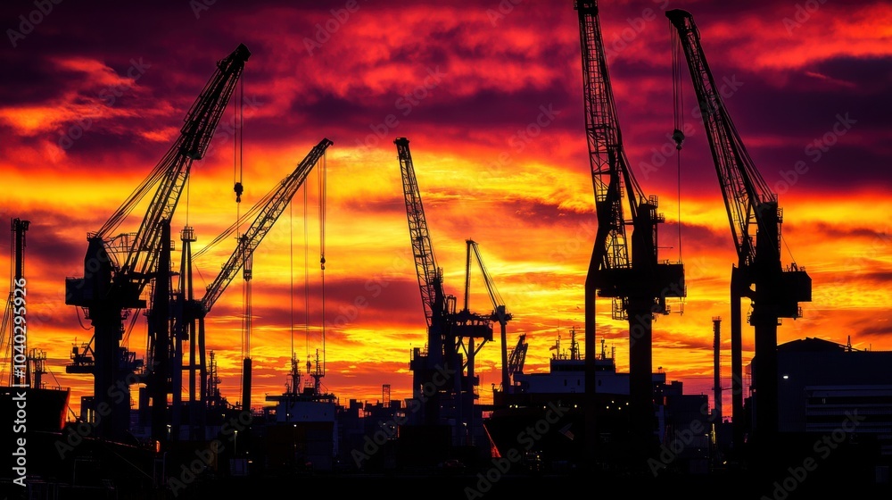Obraz premium A contemporary port scene at dawn, cranes and ships silhouetted against a fiery sunrise sky, representing the vibrant pulse of global commerce