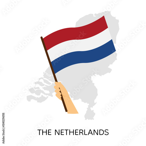 Hand holding flag of The Netherlands on map background