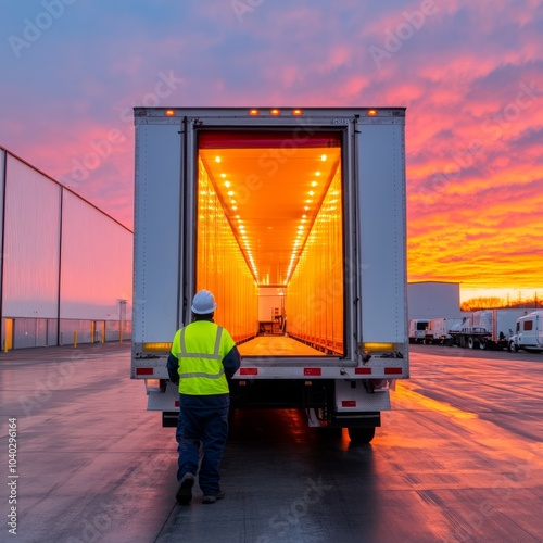 A worker inspects an illuminated truck trailer at sunset.