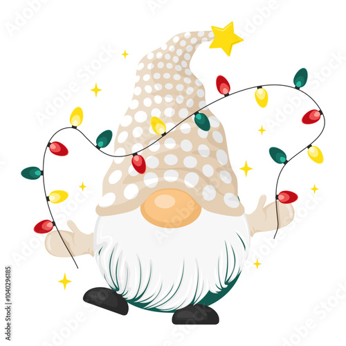 Cute Christmas gnome with colorful garland lights