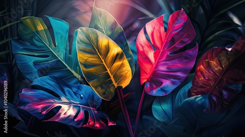 Colorful tropical leaves with a glowing effect