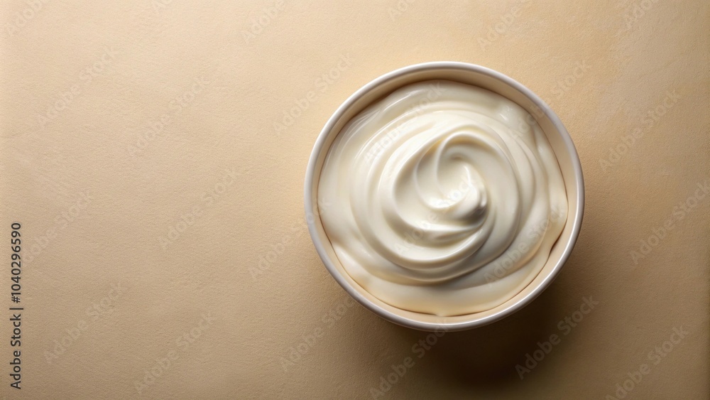 Aerial view of ceramic bowl with sour cream on beige background Aerial view of ceramic bowl with sour cream on beige background