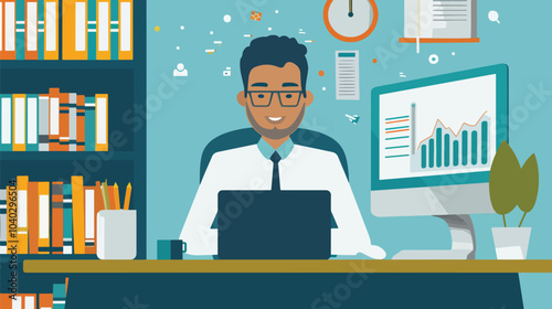 Vector Illustration Business man study in online course the mentor explain about growth, flat vector illustration, Mentorship 