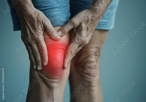 Representation of pain in the knee in red on blue photo