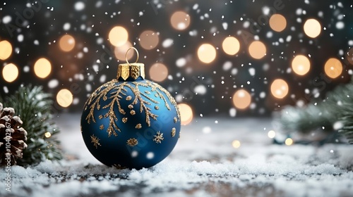 Close-up of a beautifully decorated blue Christmas bauble with golden accents, snow gently falling, and twinkling lights in a festive winter setting