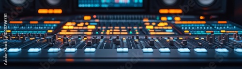 Close-up of a digital soundboard in a dimly lit music production studio, futuristic design with glowing controls and high-tech screens