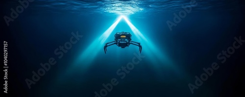 Remotely operated vehicle ROV exploring underwater wreckage, beams of light piercing the dark, advanced deep-sea technology photo