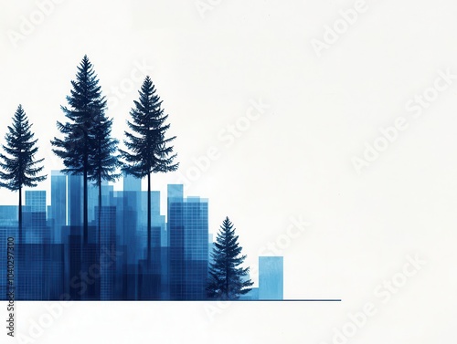 Overlay of a digital and traditional blueprint of a pine tree forest transitioning to a cityscape, nature meets urban, hybrid design photo