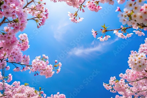 Aerial view of cherry blossoms against a blue sky background