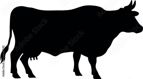 A silhouette of a side profile of a cow on white background
