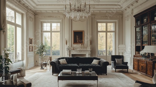 Frenchinspired luxury living room with a velvet sofa, crystal chandelier, and ornate ceiling moldings, luxury French living room, Parisian elegance photo