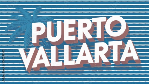 Retro-style graphic featuring 'Puerto Vallarta,' showcasing blue stripes and tropical elements; perfect for travel promotions.