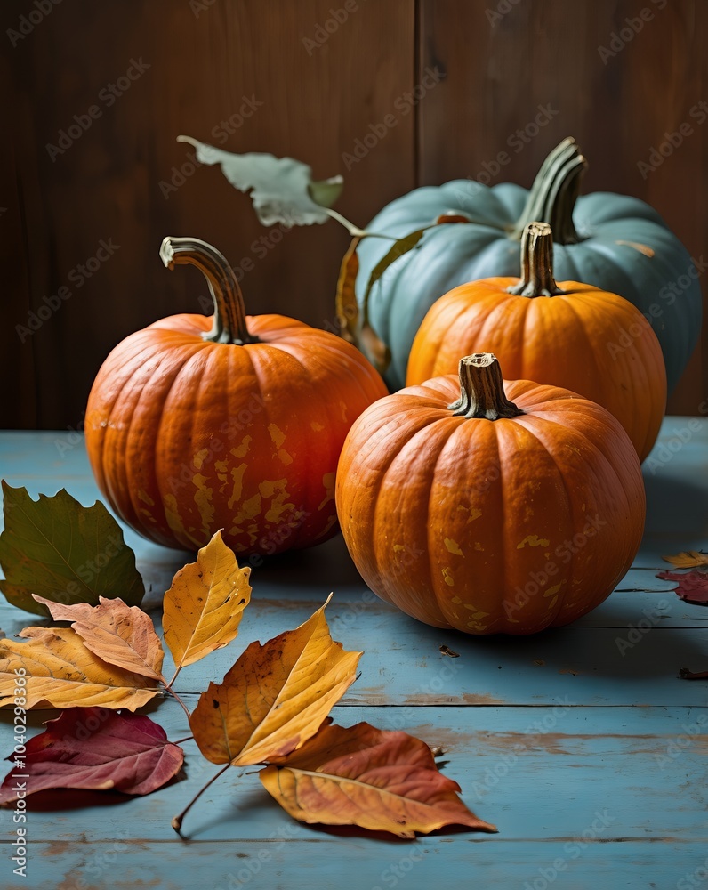 A selection of pumpkins surrounded by colorful autumn leaves, placed on a rustic blue wooden surface, creating a seasonal fall composition. A selection of pumpkins surrounded by colorful autumn leaves, placed on a rustic blue wooden surface, creating a seasonal fall composition.