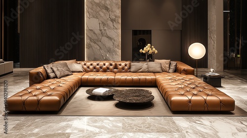 Italian luxury living room with a leather sofa, marble floors, and designer lighting, luxury Italian living room, highfashion design
