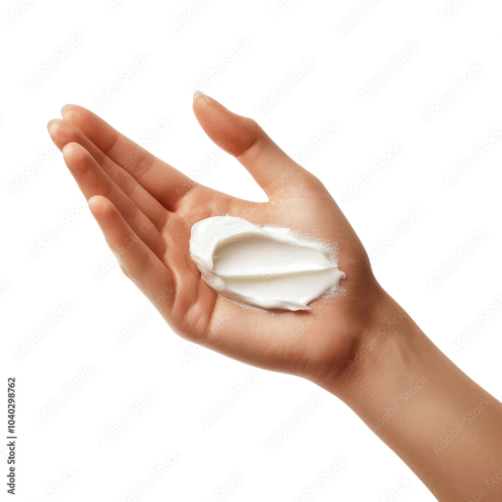 Hand holding creamy lotion on white isolated background. transparent background. Hand holding creamy lotion on white isolated background. transparent background.