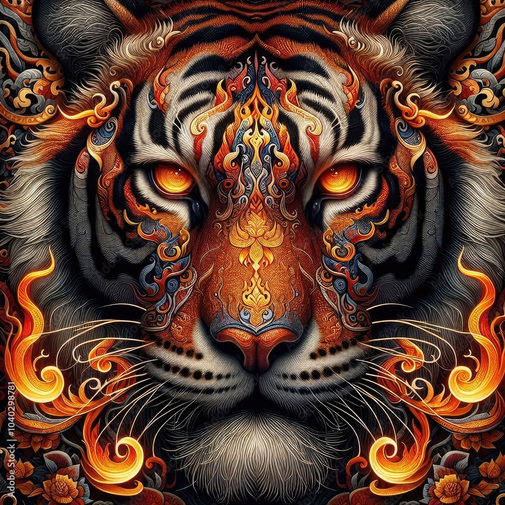 Ultra-Realistic 8K Digital Illustration of a Fierce Tiger with Intricate Thai Art Motifs: Majestic, Fiery Patterns, Symmetrical Ornaments, and Mystical Elements in Vibrant Colors Ultra-Realistic 8K Digital Illustration of a Fierce Tiger with Intricate Thai Art Motifs: Majestic, Fiery Patterns, Symmetrical Ornaments, and Mystical Elements in Vibrant Colors