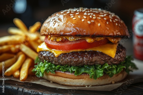 Juicy hamburger with cutlet and vegetables close-up with French fries on a plate. Fast food, tasty food