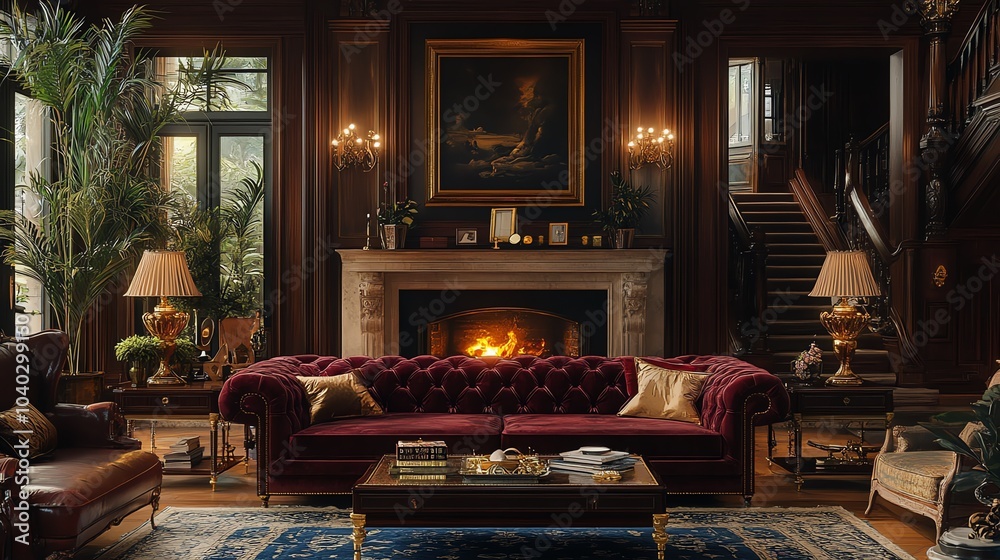 Fototapeta premium Opulent living room with a velvet chesterfield sofa, gold accents, and a grand fireplace, luxury opulent living room, classic sophistication