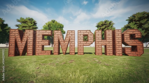 3D Text Art: Large 'MEMPHIS' Letters in Nature Scene with Green Grass and Trees – Ideal for Travel and City Promotions