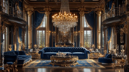 Royal luxury living room with a deep blue velvet sofa, crystal chandelier, and gilded accents, luxury royal living room, regal opulence