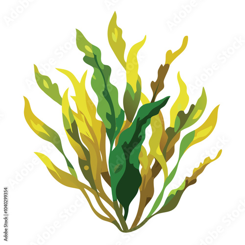 Watercolor Sea Kelp and Lush Green Marine Plant Illustration on a White Background